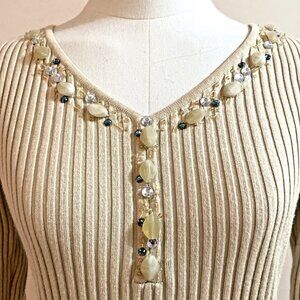 Y2K Fitted Ribbed Knit Sweater Women's Size L Beige Beaded Festival Rave Indie